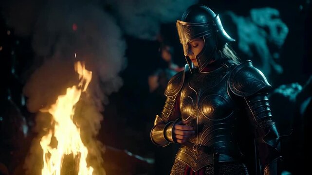 Armored warrior beside bright fire, in cinematic style, on dark cavern background, concept of bravery and adventure