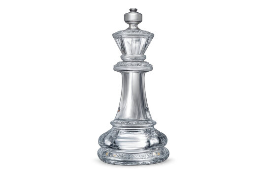 Transparent crystal chess king piece with ornate carved details and glossy reflections, isolated PNG on transparent background for strategy, game, leadership, luxury and competition designs.