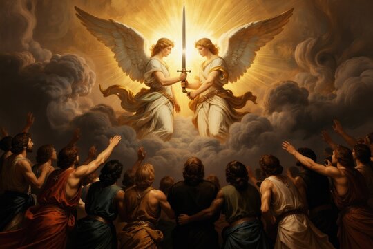 Two angels with swords exchange shining blade among celestial clouds. Below, crowd gazes upward with raised arms. Divine light illuminates scene, suggesting heavenly intervention conflict resolution.
