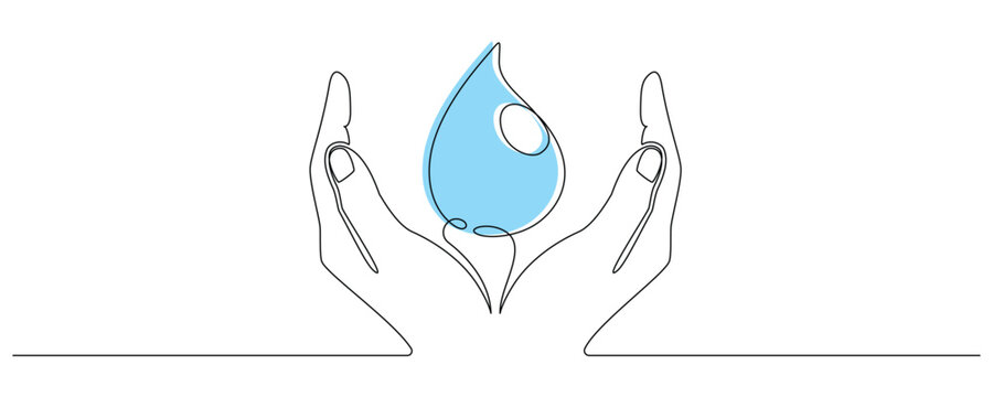 Hands holding water drop in one continuous line drawing. Save water and purity symbol. Hydration, Fresh and clean liquid sign. Droplet and conservation concept. Doodle Vector illustration