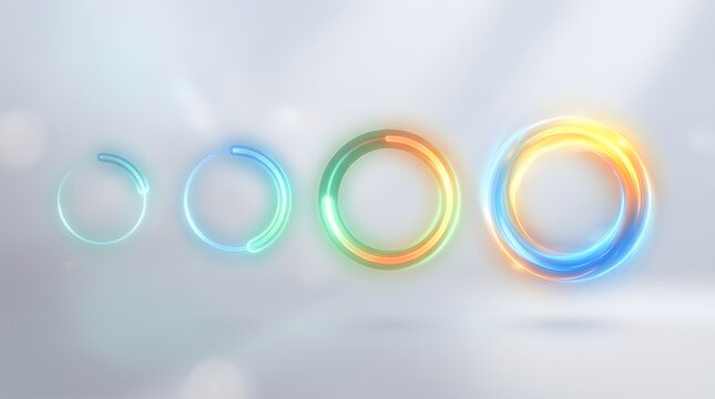 Progressive glowing loading rings in various vibrant colors against soft studio background.