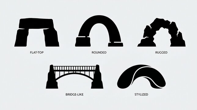 Five black silhouettes of arches including trilithon, natural rock arches, bridge, and geometric arch, symbolizing structural diversity and aesthetic forms.