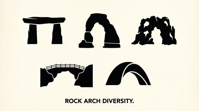 Five black silhouettes of arches including trilithon, natural rock arches, bridge, and geometric arch, symbolizing structural diversity and aesthetic forms.