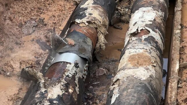 Steam and hot water leak from an aging heating pipe with corrosion and damaged insulation, illustrating infrastructure deterioration and utility maintenance