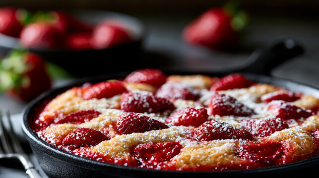 Close-up of a strawberry cake cobbler with caramelized strawberry edges in dramatic moody lighting, dessert photography concept, caramelized fruit photography, moody baking
