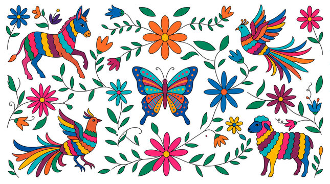 ilustraciones de animales y naturaleza coloridos inspirados en M&eacute;xico y su cultura tradicional