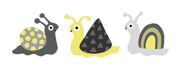 Cute simple cartoon snail set. Funny childish doodle characters. Monochrome and yellow colors, simple graphic. Doodle Nursery snail character. Children's illustration. Print, sticker, dopamine. © Anna