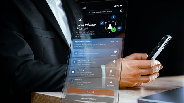 Privacy matters, cookie consent management on smartphone, GDPR data protection settings, personal data control, analytics and marketing preferences, accept all or save preferences interface