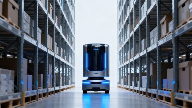 Autonomous robot in warehouse aisle