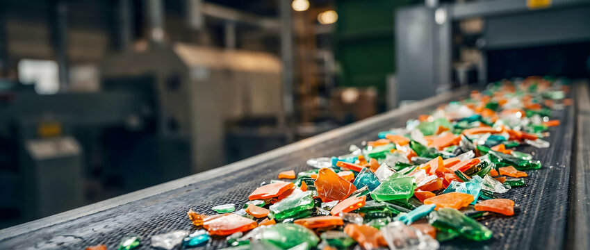 Recycled crushed glass fragments on an industrial conveyor belt in a modern recycling facility.