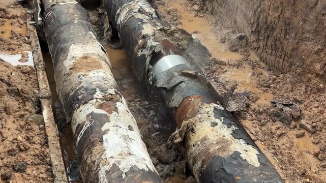 Steam and water jet escaping from corroded heating pipe with damaged insulation in excavation trench