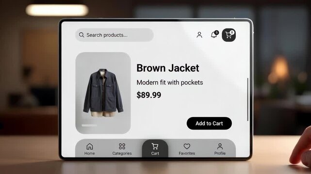 A hand interacting with a clothing shopping app on a digital tablet in a clean realistic style on a blurred indoor background, concept of ecommerce and browsing