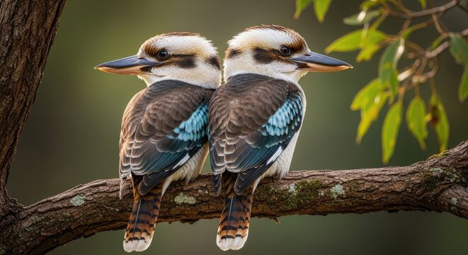 Two kookaburras perched on a tree branch