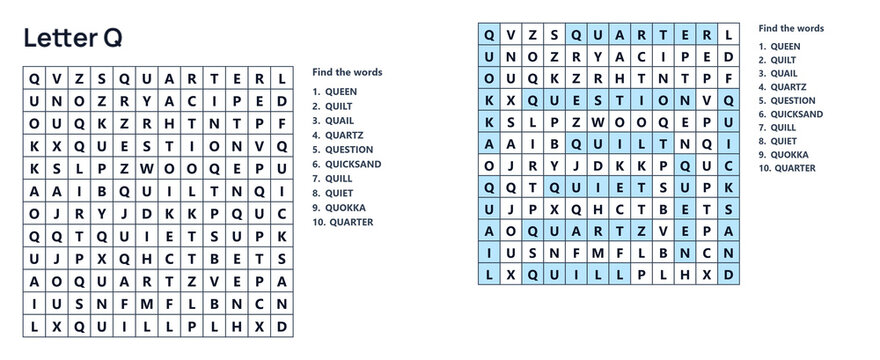 Word seek puzzle sheet, Word search puzzle with letter Q solutions, educational activity