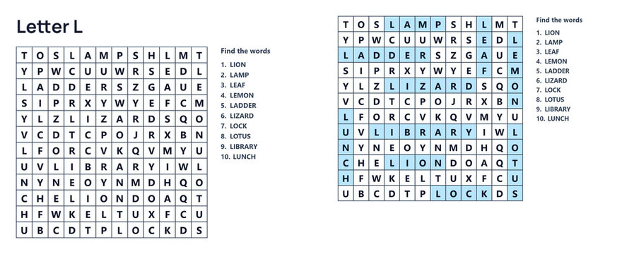 Word seek puzzle sheet. Word search puzzle with the letter L featuring answers highlighted