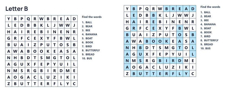 Word seek puzzle sheet, Word search puzzle with letter B words highlighted