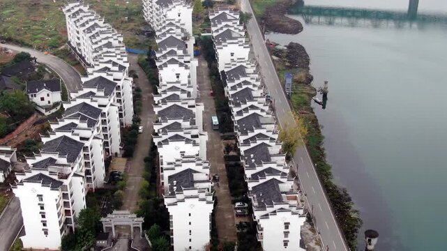 Traditional White Lakeside Residential Buildings