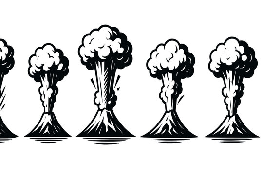 Seamless pattern of erupting volcanoes spewing smoke and ash in monochrome woodcut style