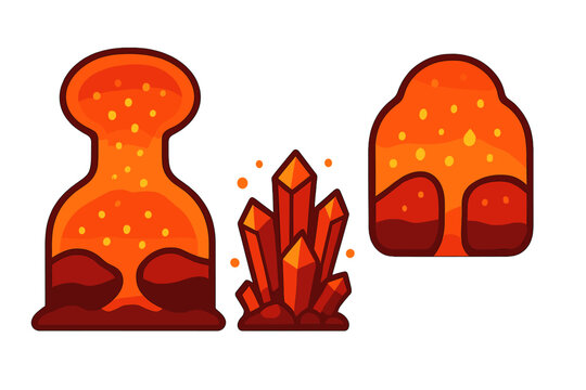 Stylized set of glowing orange crystals and abstract magma chambers in vibrant colors