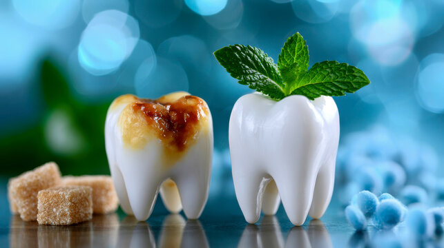 Split dental concept with damaged decayed tooth and fresh healthy tooth with mint, representing oral care and prevention