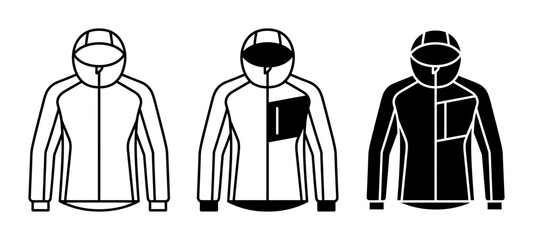 3 Icon Set: Hooded Jackets, Outline and Silhouette Styles, Outdoor Apparel Vector Graphics © RohomtVect