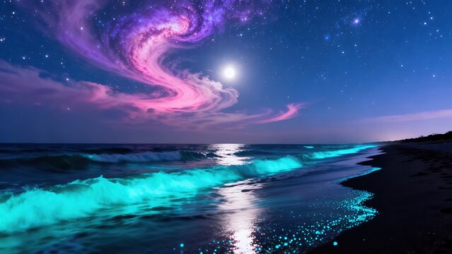 Beach under starry sky with glowing waves