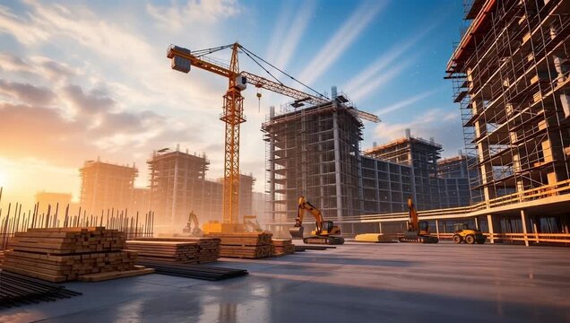 Construction site with cranes and excavators at sunset, urban development progress