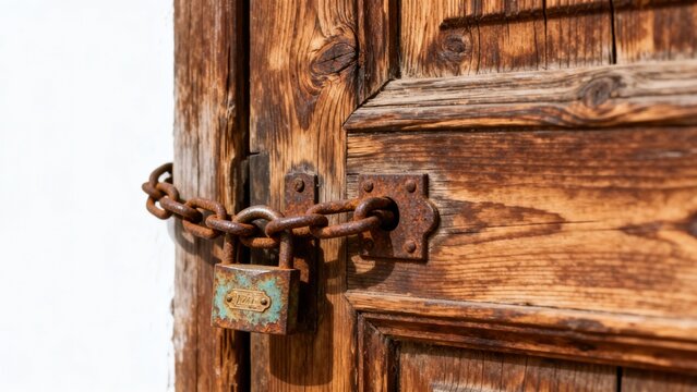 Rusty chain and padlock on wooden door