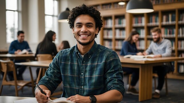 Young Man Smiling While Studying at a Library with Classmates in a Relaxed Learning Environment