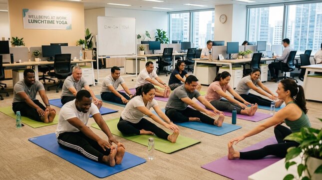 Diverse group of employees practicing lunchtime yoga in open plan office for corporate wellness and team building exercise.