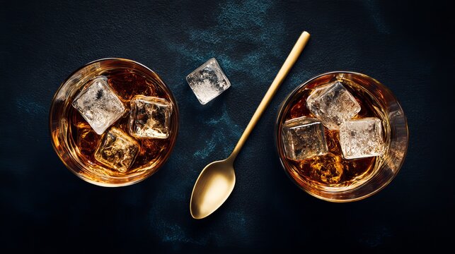 Two glasses of whiskey on the rocks with a gold spoon on a dark background