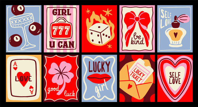 Colorful retro-style cards or posters showing lucky girl symbols, hearts, bows, dice on bold backgrounds, conveying themes of fortune and positivity. Vector illustration