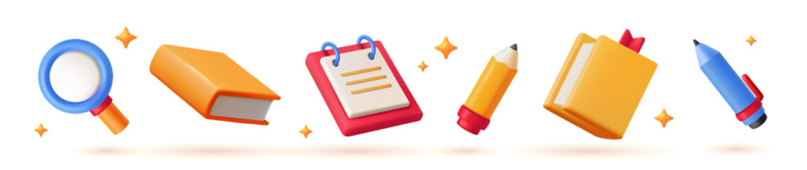 Naklejka na ściany i meble Border of 3d school supplies. Assorted study items like magnifier, books, notebook, pencils and pen in cartoon style on clean white background, symbolizing learning and creativity. Vector illustration