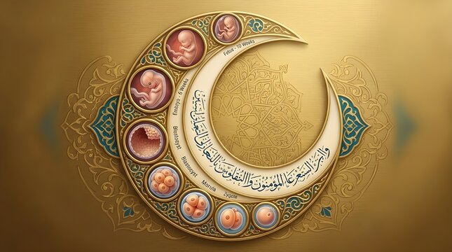 Fetal development stages illustration within a crescent moon design