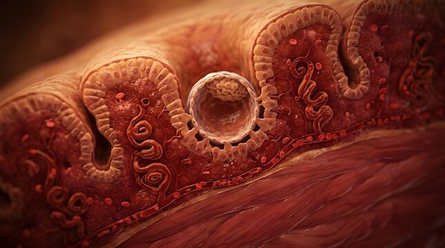 Intestinal villi microscopic anatomy illustration with lumen and blood vessels