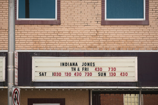 Marquee sign showing showtimes for Indiana Jones in Higginsville, Missouri, July 2023