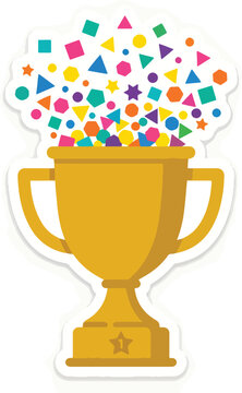 Gold trophy with colorful confetti explosion representing celebration and victory.