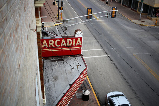 Overhead view of the Arcadia Theater neon sign and marquee, built in 1928 and closed in 2016, in Olney, Illinois, May 2015