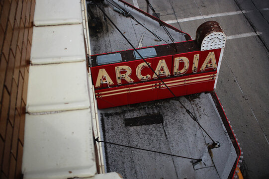 Overhead view of the Arcadia Theater neon sign and marquee, built in 1928 and closed in 2016, in Olney, Illinois, May 2015