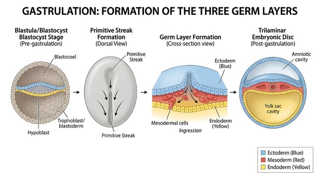 Gastrulation stages of embryonic germ layer development illustration