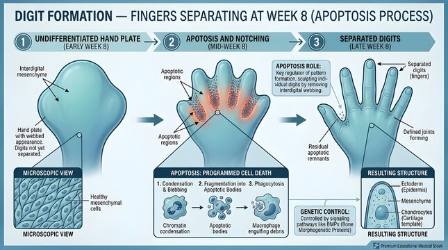 Fetal hand development digit separation at week 8 apoptosis process illustration