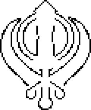 Black outline pixel art icon of the Khanda, the sacred symbol of Sikhism, in retro 8-bit style on transparent background.