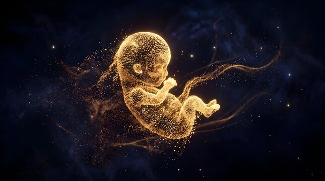 Fetal development concept glowing particle human embryo in womb