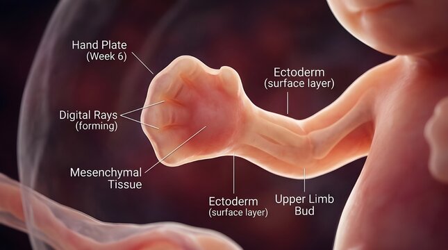 Human embryonic development 6 week hand plate and upper limb bud illustration