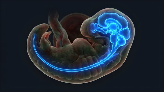 Human embryo development illustration with circulatory system highlight