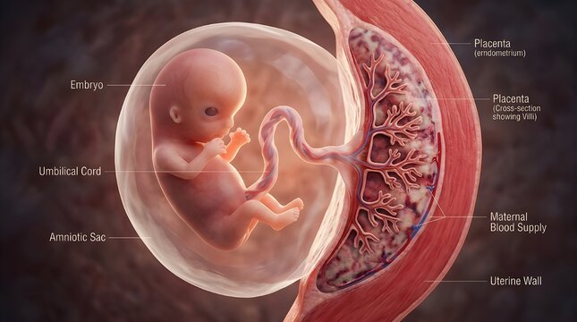 Human embryo development illustration with placenta and uterine wall
