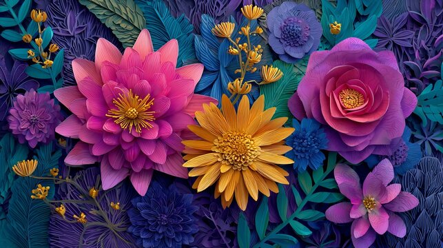 A vibrant floral arrangement with colorful flowers and lush green leaves in a beautiful display
