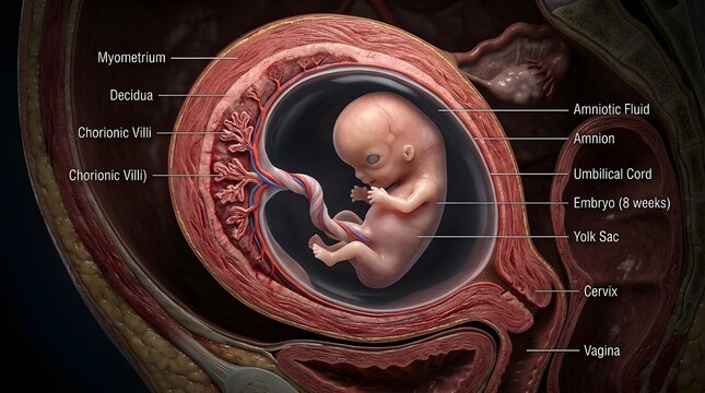 Human embryo development at 8 weeks gestation anatomical illustration