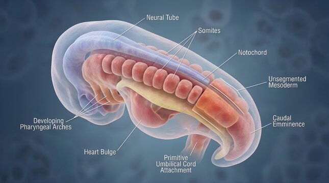 Human embryo development illustration with anatomical labels