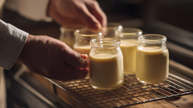 Chef&rsquo;s Hands Arrange Small Dessert Jars with Golden Custard on a Cooling Rack, Meticulously Preparing Sweet Treats for a Culinary Presentation